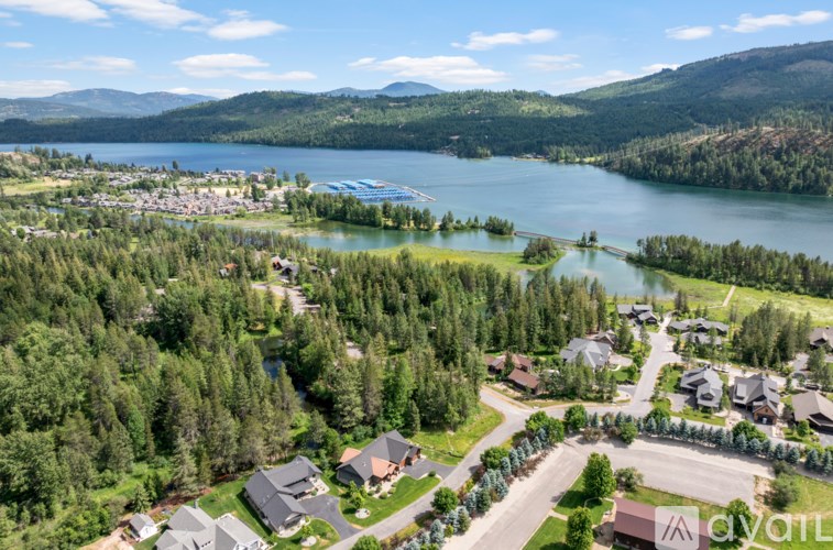 A bird's eye view of a residential area with houses, trees, and a lake.