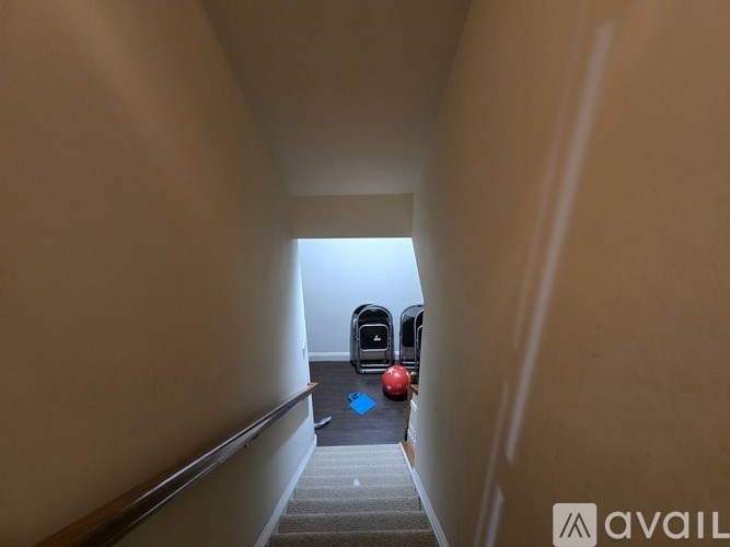 A hallway with a red ball and a blue cone on the floor.