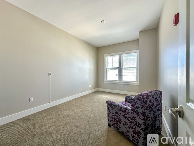 A room with a carpeted floor, a window with white blinds, and a purple floral armchair.