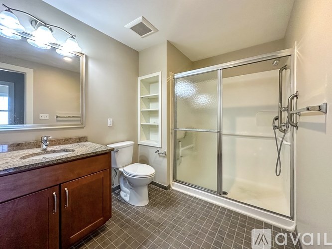 A bathroom with a walk-in shower and a toilet.