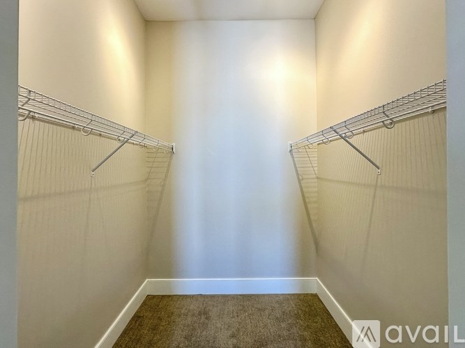 A room with white walls and a carpeted floor with two metal racks on the wall.