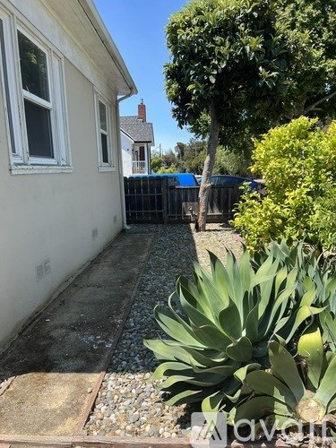 A white house with a tree and bushes in front.