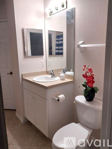 A bathroom with a toilet, sink, and mirror.