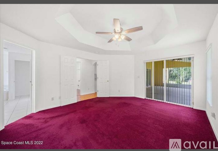 A room with a red carpet and a ceiling fan.