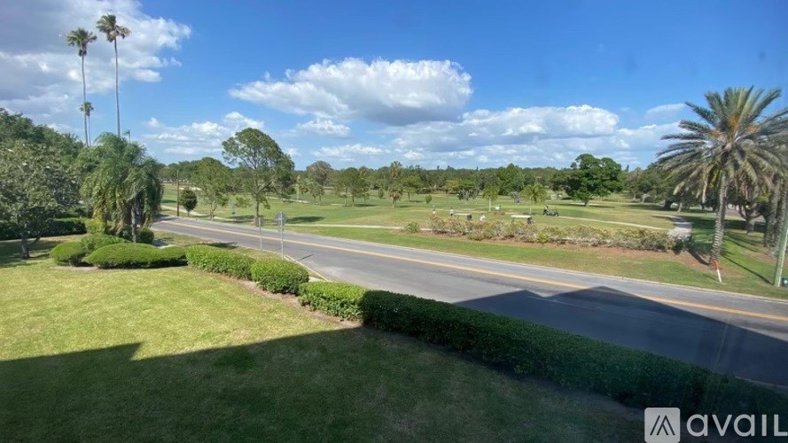 A view of a road with a grassy area and trees on the side.
