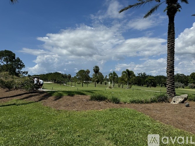 A golf course with a palm tree and a golf cart.