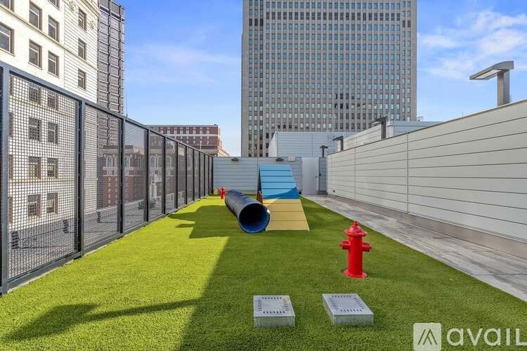 A playground area with a slide, a red fire hydrant, and a green lawn.