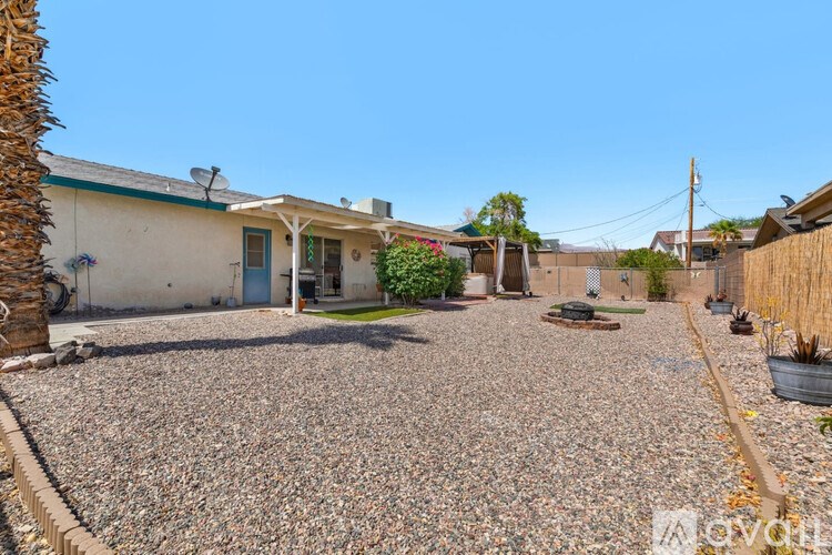 A gravel backyard with a house and a palm tree.