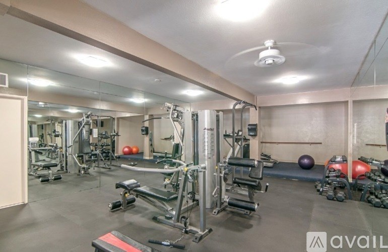 A gym with a variety of equipment including weights and a bench.