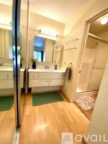 A bathroom with a sink, mirror, and wooden floor.