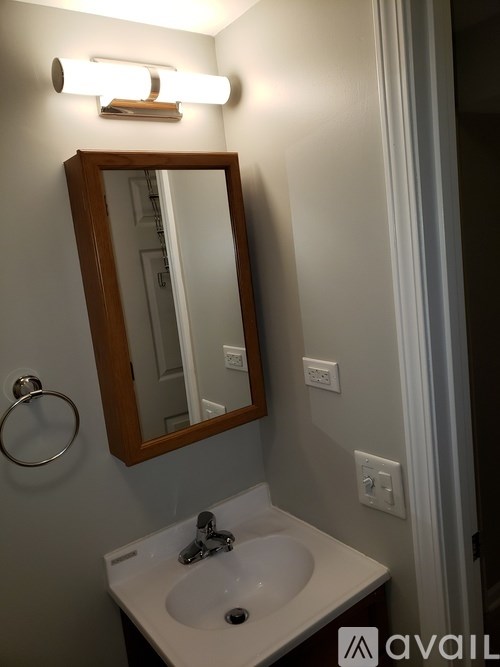 A bathroom with a sink, mirror and light.