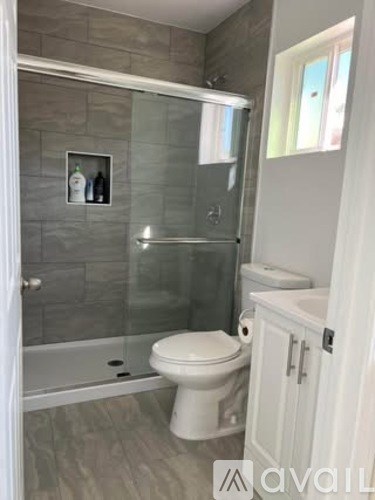 A bathroom with a toilet, a shower with a glass door, and a cabinet.