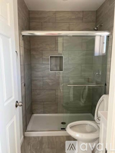 A bathroom with a toilet and a walk-in shower.