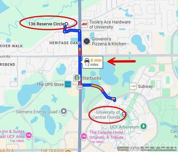 A map shows a route from the 136 Reserve Circle to the University of Central Florida.