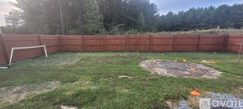 A backyard with a fence and a soccer goal.
