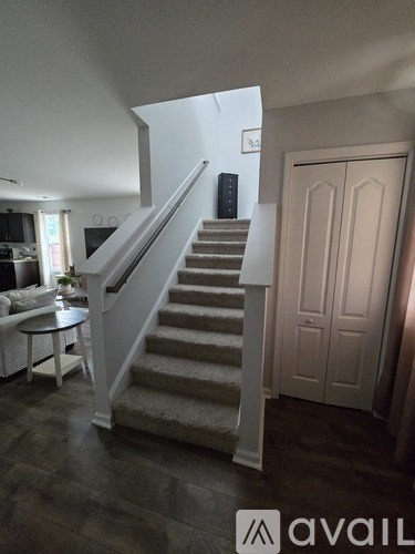 A staircase with a carpeted runner and a white handrail.