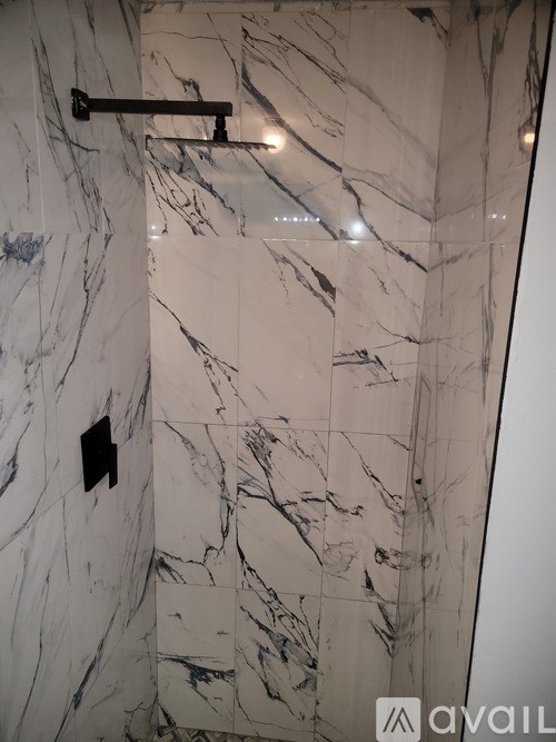 A marble bathroom with a shower head and a black square tile.