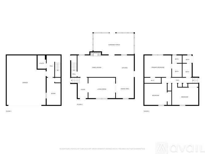 A floor plan of a residential building with three separate units.