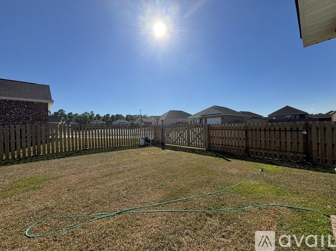 A backyard with a wooden fence and a green hose.