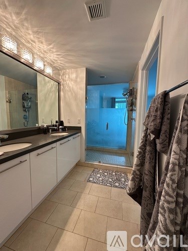 A bathroom with a walk-in shower and a sink.