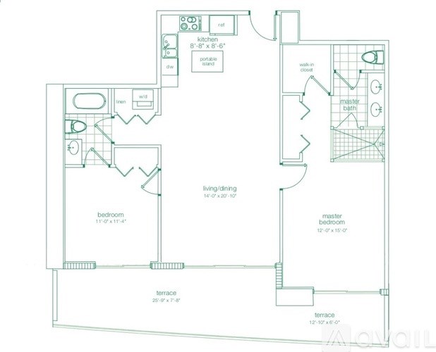 A floor plan of a house with a living room, two bedrooms, a terrace, and a kitchen.