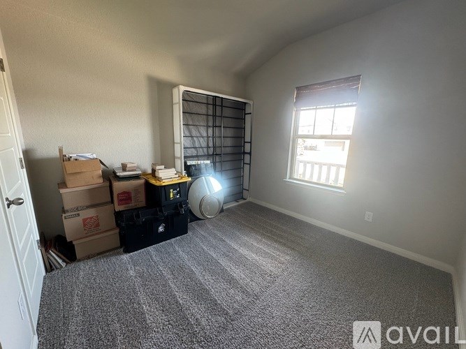 A room with a carpeted floor, a window, and a door leading to another room.
