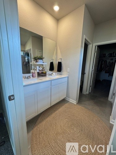 A bathroom with a sink, mirror, and a rug on the floor.