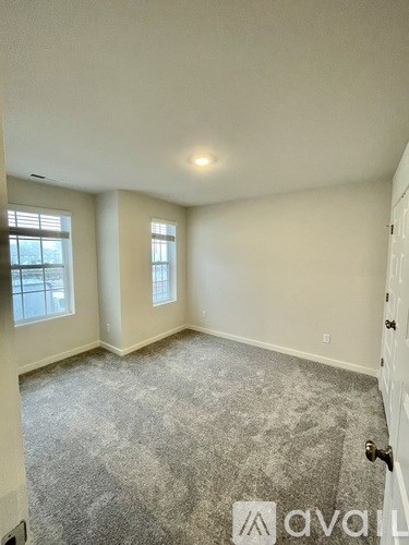 A room with a carpeted floor and two windows.