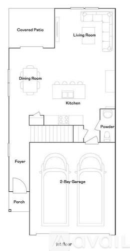 A floor plan of a house with a living room, dining room, kitchen, powder room, foyer, 2-bay garage, and porch.