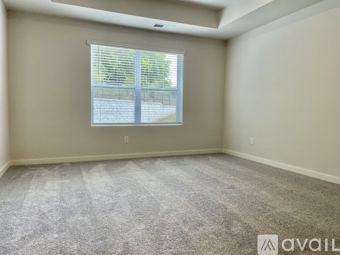 A room with a carpeted floor and a window with blinds.