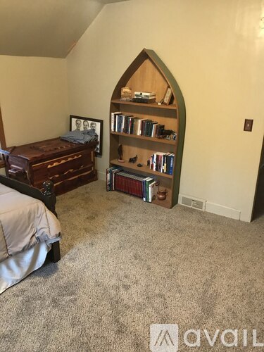 A bedroom with a bed, dresser, and bookshelf.