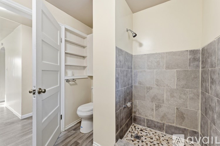 A bathroom with a walk-in shower and a toilet.