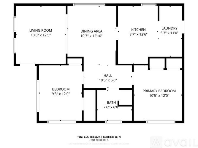 A floor plan of a house with a living room, dining area, kitchen, laundry, hall, bedrooms and bathrooms with their respective dimensions.