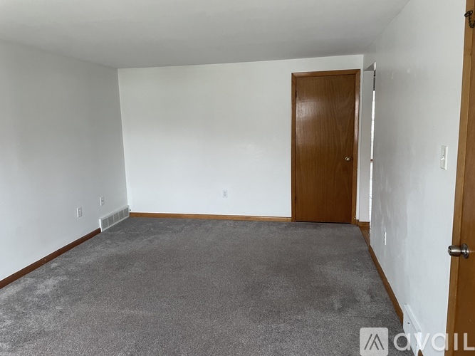 A room with a carpeted floor and a brown door.