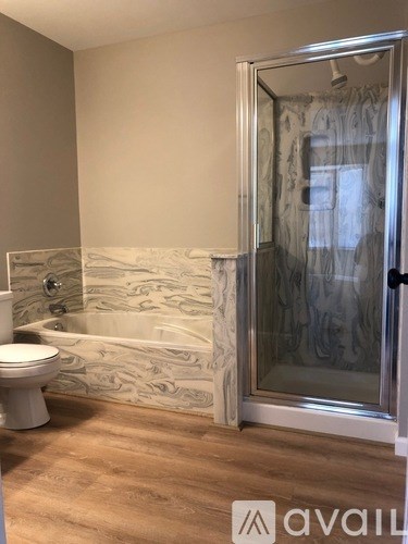 A bathroom with a toilet, bathtub, and shower.
