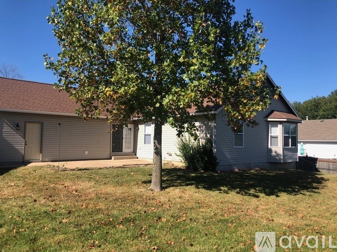 A tree stands in front of a house with a garage door.