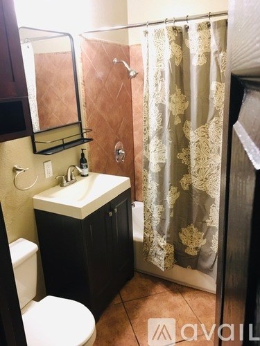 A bathroom with a toilet, sink, and shower curtain.