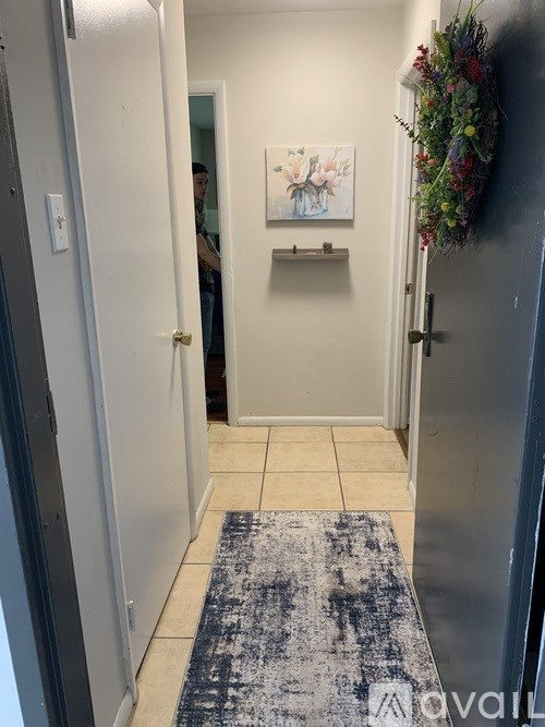 A hallway with a blue rug and a person standing in the doorway.
