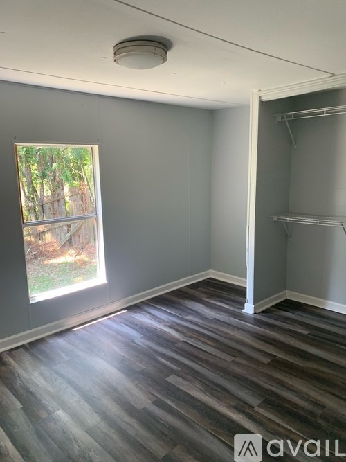 A room with grey walls and a window with a view of trees.