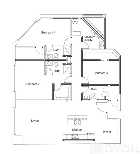 A floor plan of a house with three bedrooms, a living room, a dining room, a kitchen, and a laundry/utility space.