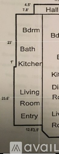 A diagram of a floor plan for a house with a living room, kitchen, bath, and bedrooms.