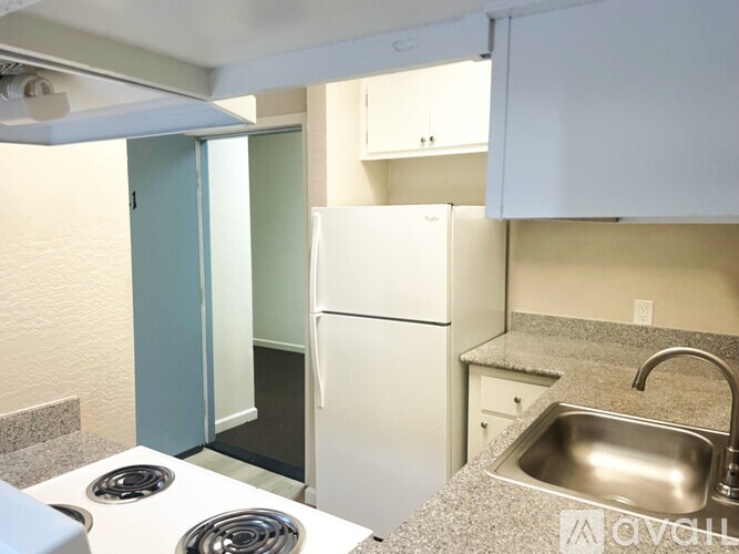 A kitchen with a white fridge and a stove top.