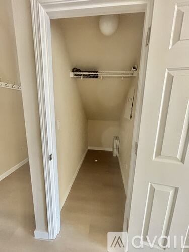 A white door is open to a small, empty room with a closet and a light fixture.