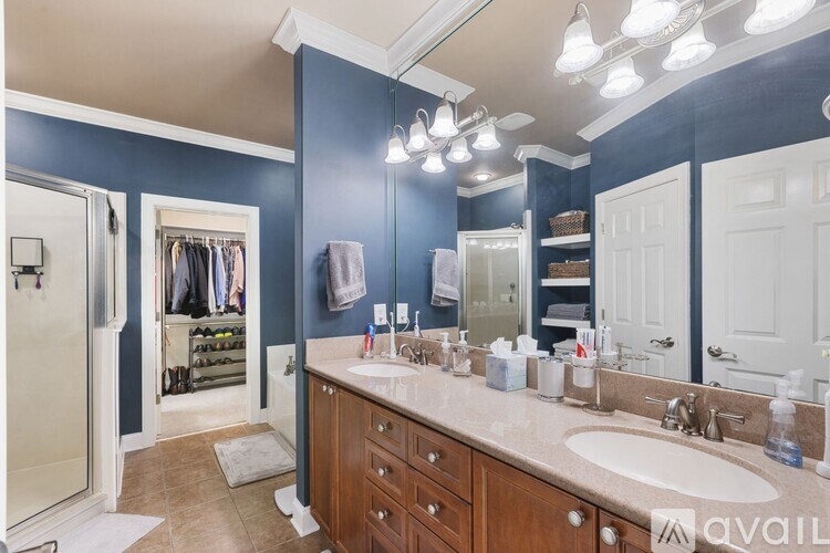 A bathroom with a double sink vanity and a walk-in shower.