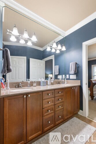 A bathroom with a vanity and a mirror.