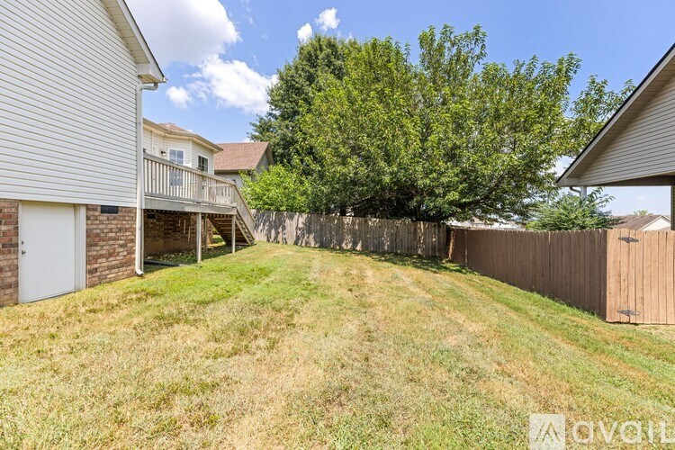 A backyard with a fence and a tree.