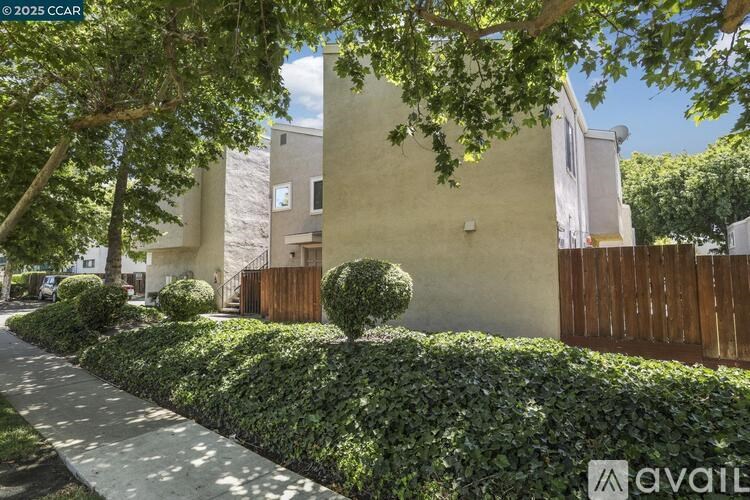 A well-maintained hedge line runs along a sidewalk in front of a building.