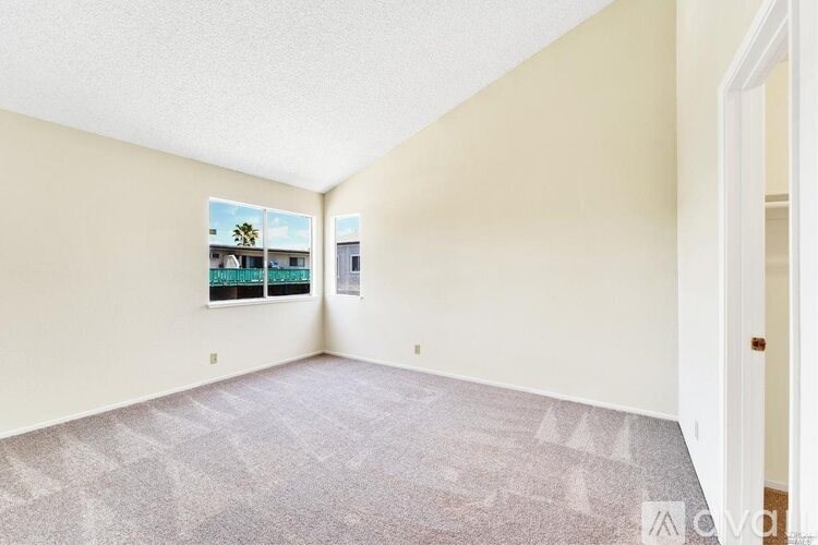 A room with a carpeted floor and a window showing a view of a building.