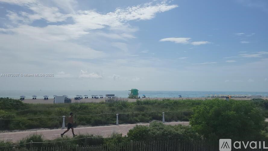A person is walking on a path near the beach.