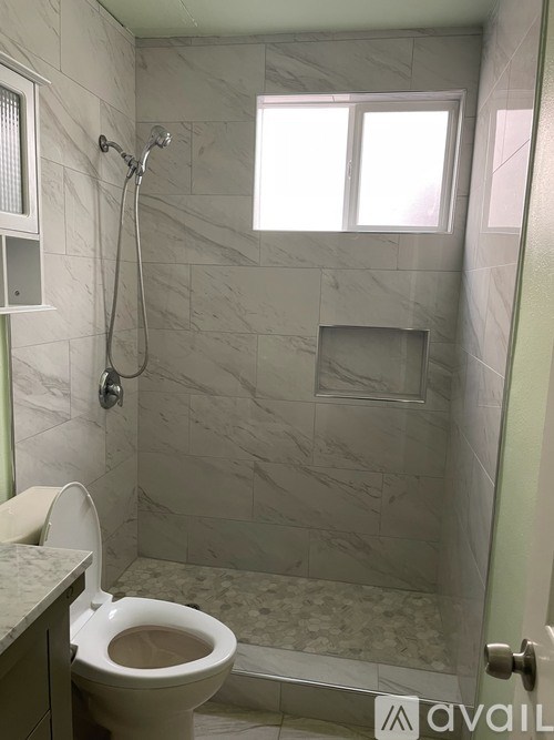 A bathroom with a toilet, shower, and window.